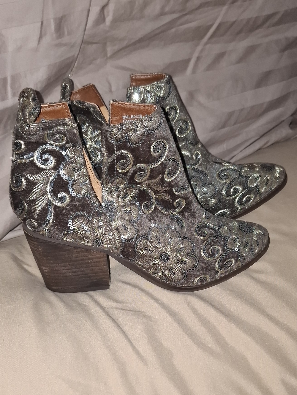 Naughty Monkey Brown Velvet Embroidered Ankle Booties Silver And Gold Accents